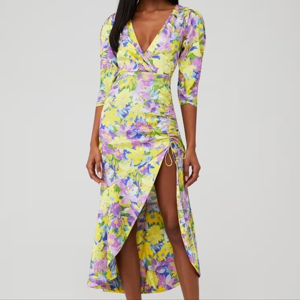 For Love & Lemons Yellow Purple Floral V-Neck High Slit Fitted Cassia Midi Dress